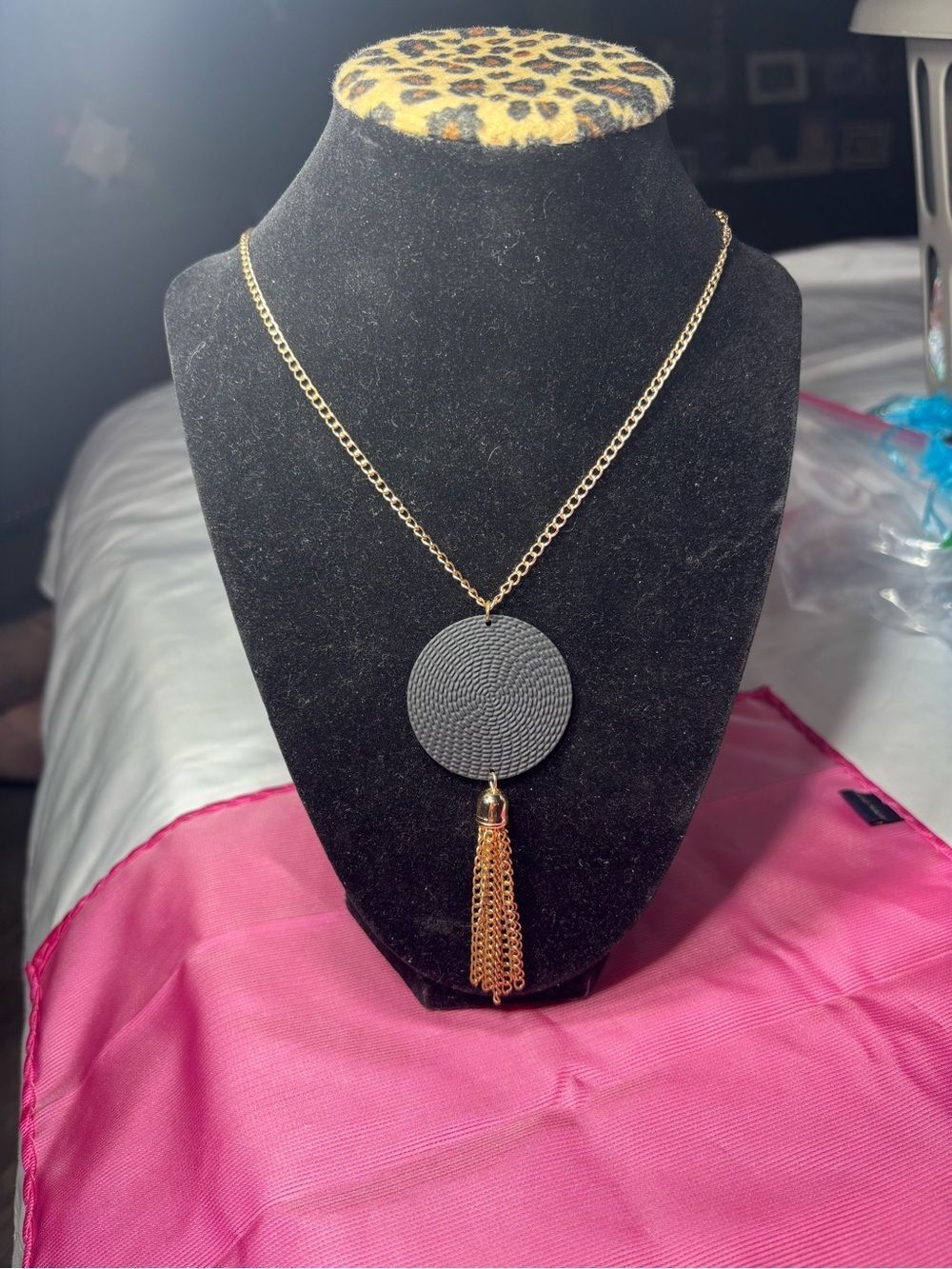 20” New Gold Chain Necklace with Black Disc and Gold Tassel